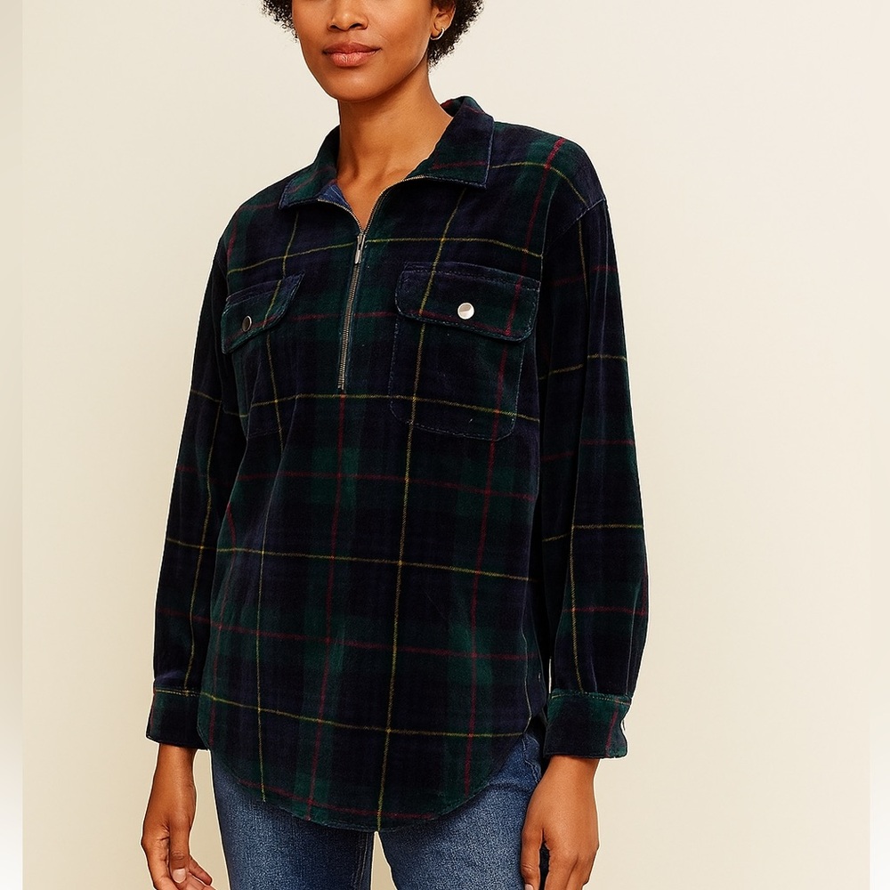 Jones New York Oversized Plaid Velour Velvet Top